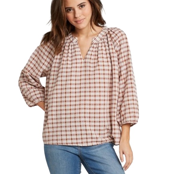 UNIVERSAL THREAD PLAID BROWN MULTI LONG SLEEVE V NECK LARGE - Picture 1 of 3